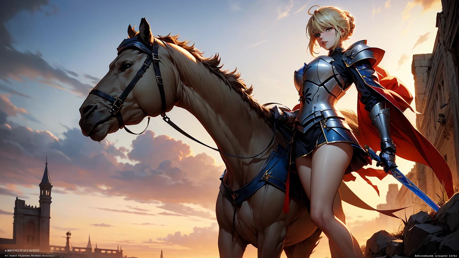 o one blonde, Artoria Пендрагон, saber from the anime Fate, great background, 1 girl, face, Artoria, king arthur, king of britain, серия FATE, king knight, medieval periodNews, (Blonde blonde hair), lateral body, green earth background, character Klein, there is only a golden sword, ruins in the background, sexy pose, NSFT, She is a knight with a sword, in blue and white armor, Armored legs, armored weapon, ultra-clear, masterpiece, 8k, Scan, Scandinavian style, high quality, beautiful picture, masterclass! , 8k, detailed, sexly, big tits, соблазнительное face, bare feet, Beautiful legs,thick thighs, hip gap, camel's foot, big breasts, hard nipples, funny , slippage, Visible areolas, visible nipple, a little anime style