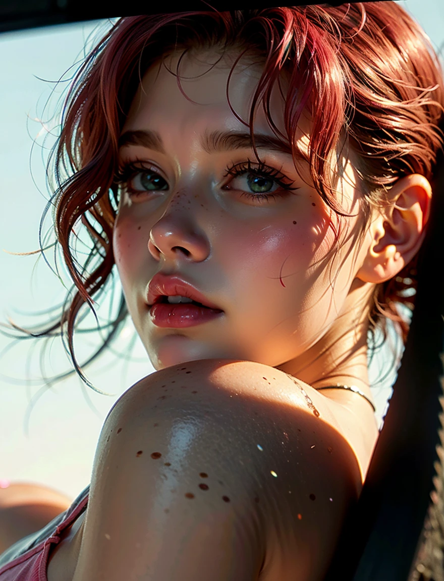 (((ultra realistic))) Photo, masterpiece, top quality, (pale skin), (Ultra detailed face and eyes:1.3), 1 girl, Adult, in a T-shirt, ((Eye makeup, pink mascara)), ((large detailed lips)), ((pink wavy hair)), ((Chyolka)) , (Natural breasts), Slim waist. ((Posing)), photoshoot, studio (soft lighting), (The play of light and shadows), depth of field, bokeh, (special attention to skin detail: 1.2), Detailed leather texture, skin pores. (Light atmosphere of the frame. Color range - delicate, Bright, Pink tones), UDR, ((Film grain)), ((rays)), (Glare), ((Photo from the back, close-up) , ultra detialed,