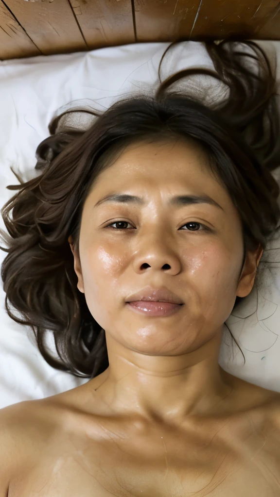 ((A poor Chinese mother in the countryside)) One Woman (A dark basement that was bombed) ((Full nudity))、Married Woman、((Photographed from above while lying on your back in bed))、(Photorealistic)、Dirt、((((Saggy super big breasts))))、Concrete wall、(Sweaty skin) ((No makeup))、(Real Face))、((No makeup))、((Full nudity))、Mature Woman Mom (50 years old) Stains (Disheveled and loose hair) (fear:1.7) ((Dirtたふんどし)) Close-up poor (sad:1.7) ((Close ~ eyes))