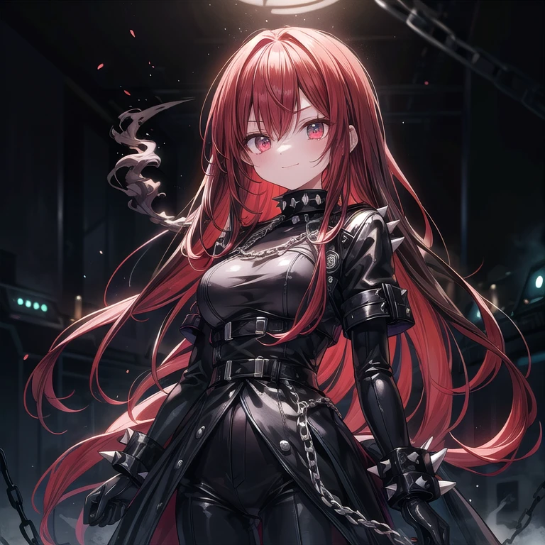 Adorable villain idol, dark flowing hair with red highlights, big expressive eyes with a hint of danger. Wearing a sleek, edgy outfit with spikes and chains. Performing in a dark, smoky club with dramatic lighting and shadowy figures. Confident and sly smile. Soft, moody lighting with contrasting dark and bright elements. Detailed accessories and atmospheric background.