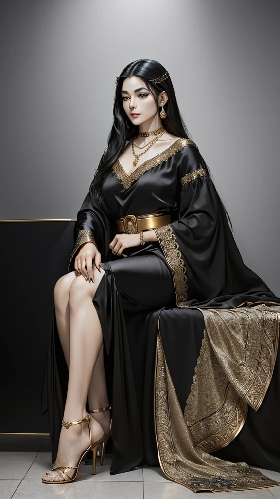 Beautiful girl in red high heels17A man is sitting with one leg crossed on a chair、((Straight black hair down to the floor))、Shiny hair、Lavish decoration、Arabian Style、National costume、Black satin pantsuit、Diamond gold embroidery、Arabian Styleの室内、Candlelight、choker、、necklace、
、Sash belt、Dark Skin、Arab's royal style、turbaned((Close-up of feet))、Golden Eyes、Bracelet、bracelet、anklet、Skin is visible under the hem of the antz、Red high heels with jewels、A chair with a slightly long back made of ebony、Flower sculpture、Legs thrown forward、Black toenail manicure、Nail Art、((((Red pinheal,)))
Super Tilt Angle、far and near method、high heels up、masterpiece、Ultra-high resolution、Precisely、Detailed and beautiful