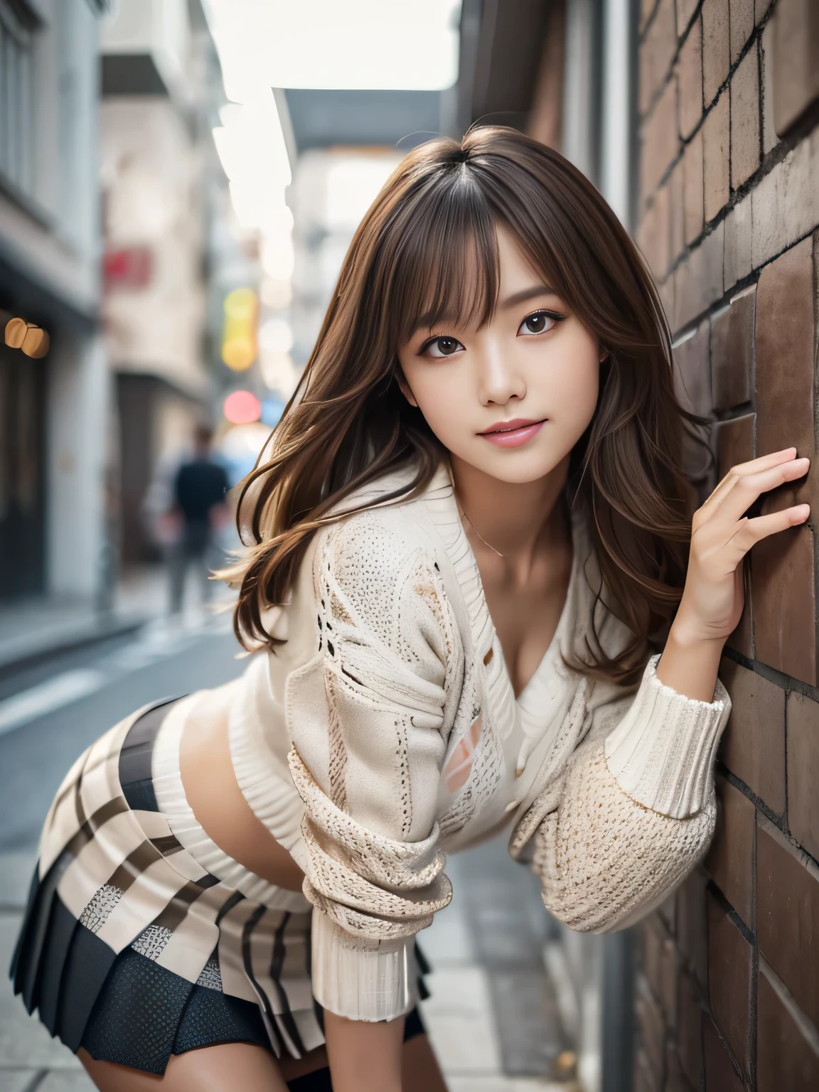 masterpiece, best quality, ultra-detailed, hyperdetailed, realistic, sharp features, highly detailed, sharp focus, Realistic, Photorealistic:1.3, (19 years old:1.3), perfect face, perfect symmetrically eyes, perfect lips, (no makeup), hyper detailed, hyper realistic, high resolution, Fashion Model, Japanese Idol, Slender, brown hair, Stylish, Beautiful Face, light brown hair, messy hair, diagonal bangs, (seductive smile), (looking at viewer), cinematic lighting, blurred background, (Argyle knit:1.2), ((Pleated miniskirt, black high socks)), (leaning on wall), 