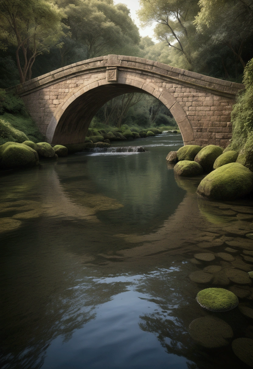(Low Angle Shot, from below), Under an ancient stone bridge, clear stream water flows slowly. The low angle perspective makes the bridge arch particularly spectacular, and the moss and vines on the bridge piers reveal the traces of time. The water surface reflects the reflection of the bridge arch, forming a complete circle. The soft light at dusk falls from above the bridge opening, interweaving with the shimmering waves on the water surface, creating a peaceful yet slightly melancholic atmosphere, captivating chiaroscuro, dynamic movement, full body, award-winning, cinematic still, emotional, vignette, dynamic, vivid, (masterpiece, best quality, photorealistic, Professional, perfect composition, very aesthetic, absurdres, ultra-detailed, intricate details:1.3)