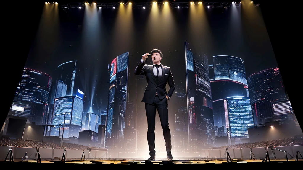 ((Highest quality，masterpiece，Extremely sophisticated details，Super long-distance whole-body scene map，No audience, no background，A man singing on the stage，The spotlight shines on the man，Handsome pop singer wearing short black suit，Gorgeous sci-fi style stage，Millions of lighting effects，Shocking atmosphere))