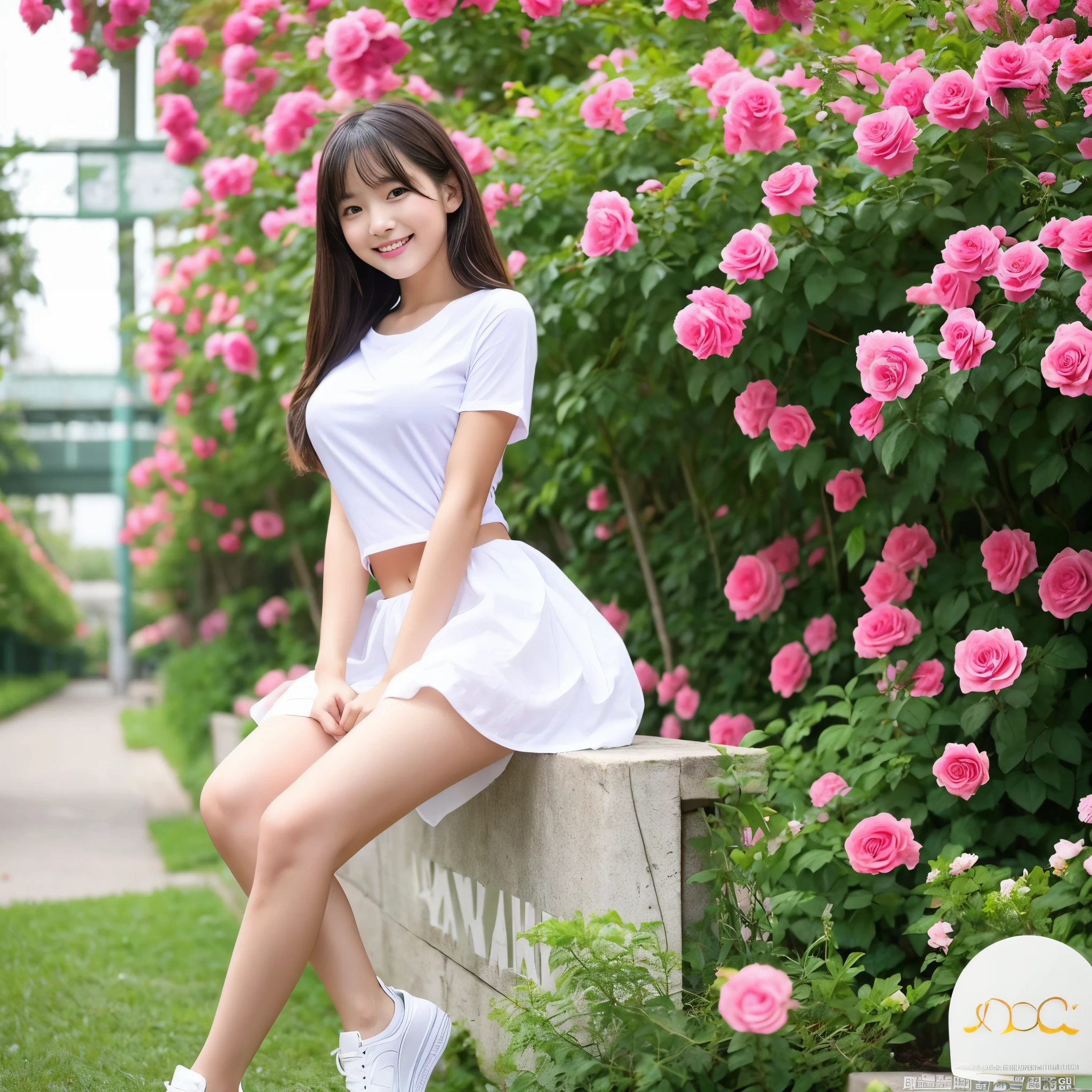 Masterpiece, a young beautiful girl, smiling, looking at the camera, standing in front of a clump of roses, wearing shorts and t-shirt, white sneakers. Wearing a top and shorts, flowers, full-body photo, casual pose, slender legs, A very sexy, beautiful and charming woman, wearing a slightly open dress, With a face that shows a happy expression, like humans in general, super sexy girl, Wear an open skirt, With a sexy sitting position, open skirt, and also a beautiful & charming face.