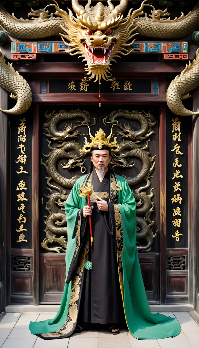 Mysterious Yama Palace in Classical Chinese Style,Made of finely carved granite,The towering ebony door is decorated with golden dragon patterns.,Majestic bronze armored guards stood on both sides of the door.,His face is solemn and solemn。Inside the hall is a long, magnificent passage paved with jade.,Ancient scrolls are hung on the walls on both sides.,The scroll is engraved with the Book of Life and Death,Recording the cycle of life and death。End of the Tunnel,The King of Hell on the throne,Wearing a black and gold dragon robe,Wearing a jade crown on his head,Serious complexion,Holding the pen of life and death and the judge's book,Prepare for the final judgment of the kneeling dead souls。On the throne,A huge cinnabar lamp hangs high,Emitting a faint red light,Light up the entire hall,Gives people a solemn and mysterious feeling。high resolution, Looking up, Backlight, masterpiece, Best quality, precise, Very detailed, Wide-angle lens, Rotated, Canon, Movie光效, Fluorescence, Movie, photography, Hyperrealism, 超realism细节画派, Reality, realism, Dilapidated, 社会realism, 超realism, Realism,