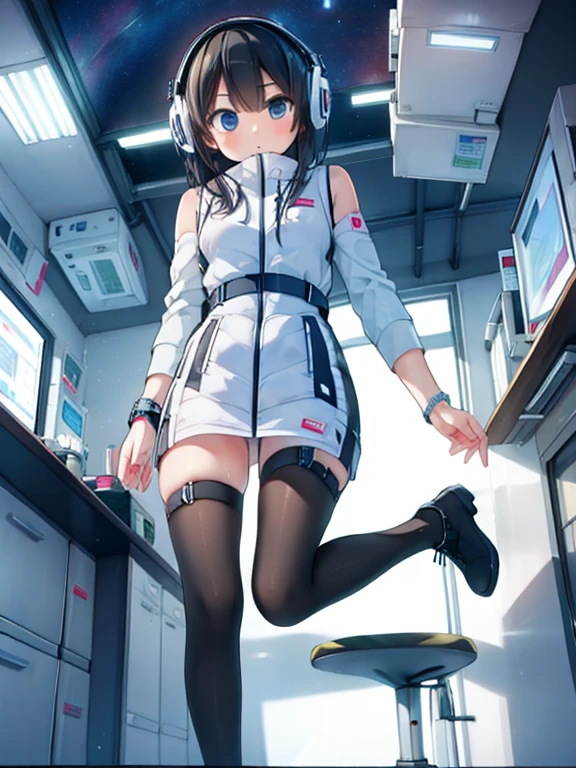 (Highest quality), (masterpiece), 1080P, High resolution, 4K, 8k, Inside the space station、Futuristic room、jumping:1.5,zero gravity,floating,Thigh straps, Shooting from directly below, The woman on top of me, 白いSweat, Covered , Sweat, Woman looking down, Skirt swimsuit, I can see your pants。BREAK black long sleeves,black tights,BREAK thigh-high socks, futuristic boots,headphone,To achieve this, , , whole body, Black leather shoes, Braided hair, Inner Color, Embarrassed face, Short black hair, bracelet, Bedroom,white downVest,celestial body_Vest