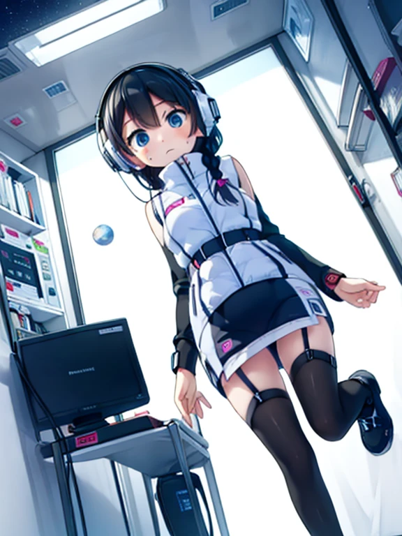 (Highest quality), (masterpiece), 1080P, High resolution, 4K, 8k, Inside the space station、Futuristic room、jumping:1.5,zero gravity,floating,Thigh straps, Shooting from directly below, The woman on top of me, 白いSweat, Covered , Sweat, Woman looking down, Skirt swimsuit, I can see your pants。BREAK black long sleeves,black tights,BREAK thigh-high socks, futuristic boots,headphone,To achieve this, , , whole body, Black leather shoes, Braided hair, Inner Color, Embarrassed face, Short black hair, bracelet, Bedroom,white downVest,celestial body_Vest