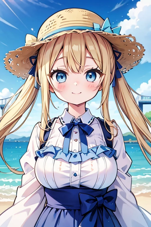 Blonde with blue eyes、ta、Large Breasts、Twin tails、Girl Brat,Large Breasts,Cute eyes,Puffy eyes,Akashi Kaikyo Bridge,Japan,Hyogo,Smile,enjoy,Straw hat,