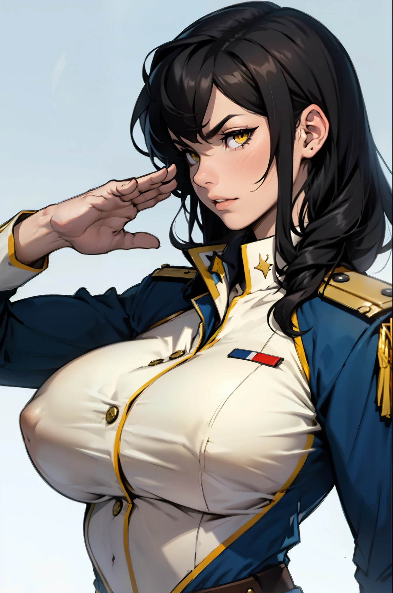 joyful saluting gesture saluting gesture black hair yellow eyes pale skin muscular girl massive breasts military uniform