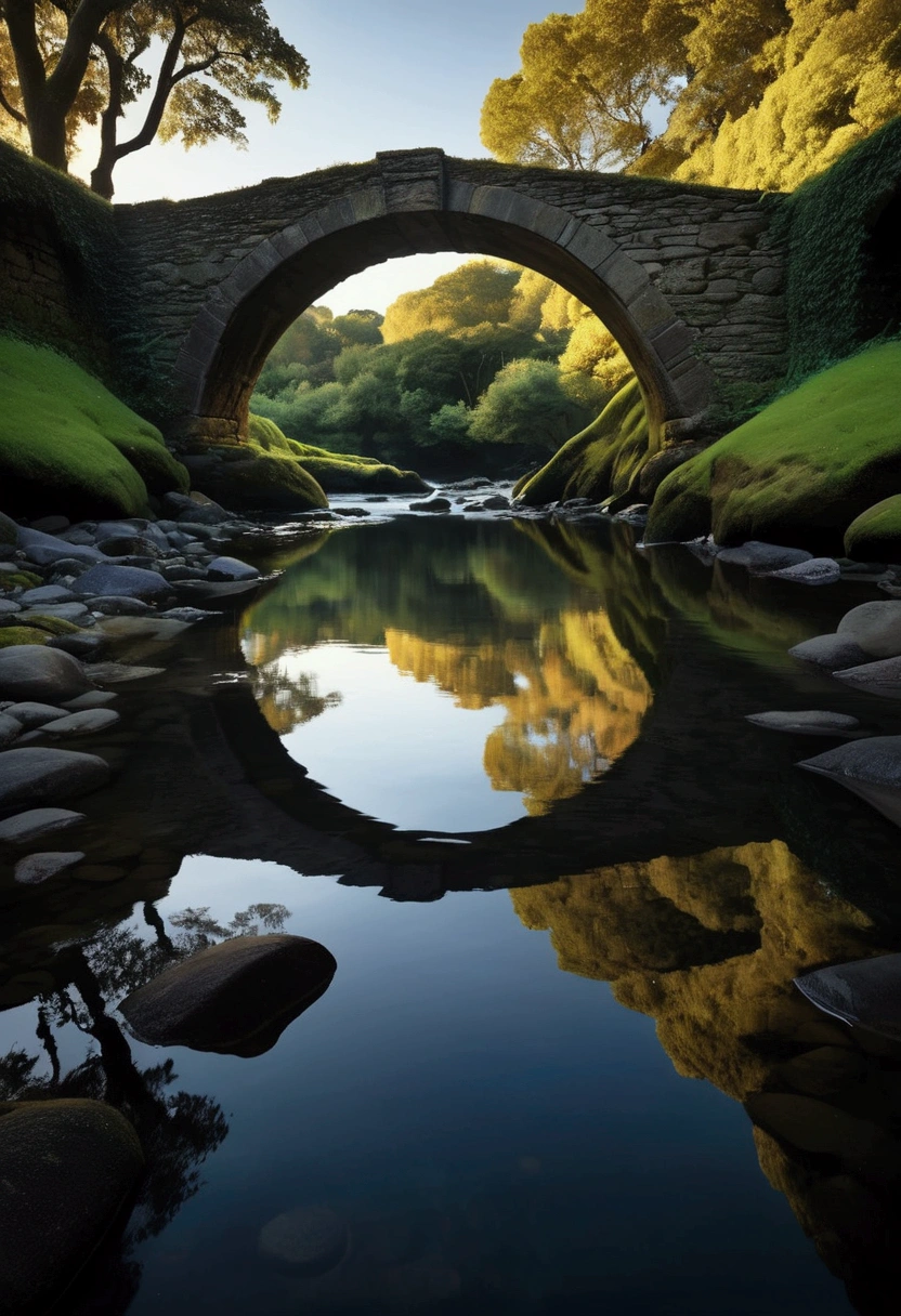 (Low Angle Shot:1.2), Under an ancient stone bridge, clear stream water flows slowly. The low angle perspective makes the bridge arch particularly spectacular, and the moss and vines on the bridge piers reveal the traces of time. The water surface reflects the reflection of the bridge arch, forming a complete circle. The soft light at dusk falls from above the bridge opening, interweaving with the shimmering waves on the water surface, creating a peaceful yet slightly melancholic atmosphere, captivating chiaroscuro, dynamic movement, full body, award-winning, cinematic still, emotional, vignette, dynamic, vivid, (masterpiece, best quality, photorealistic, Professional, perfect composition, very aesthetic, absurdres, ultra-detailed, intricate details:1.3)