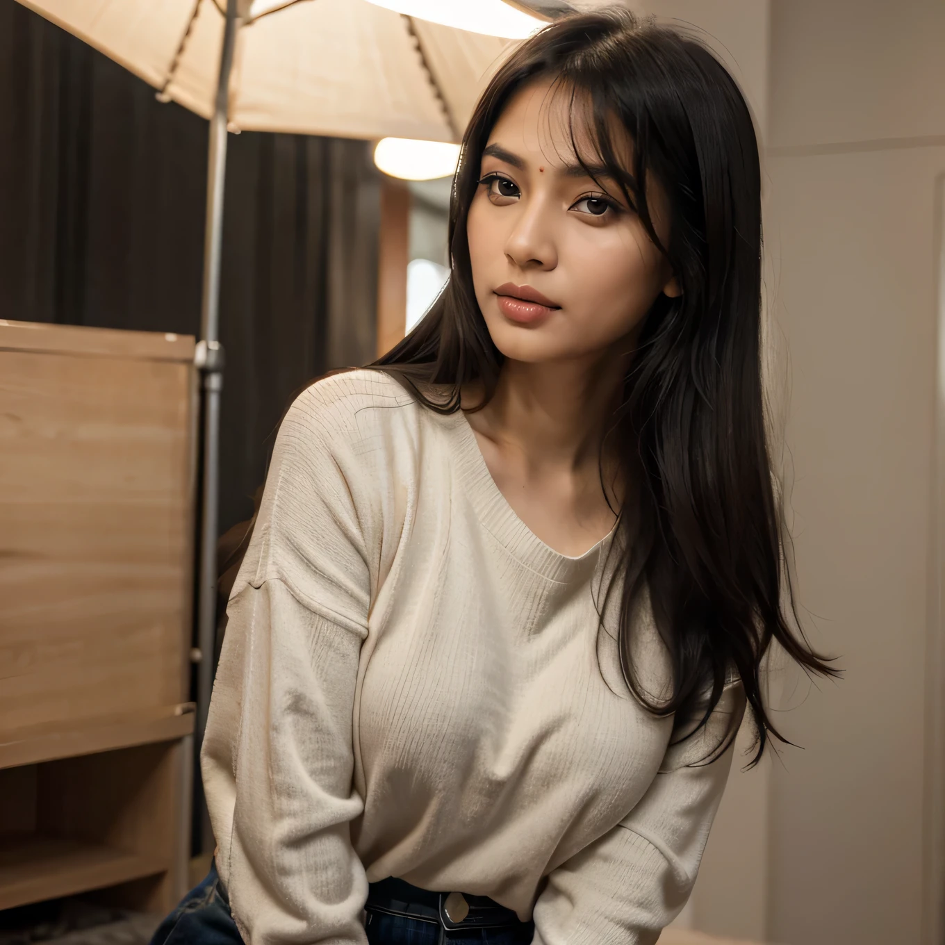 1girl, realistic,natural looking eye and face details, selfies, realistic backgrounds, full lips, lipstick, (makeup), highly realism, details, Asian woman with black hair, hip-length hair, long hair, coreana, asian features, young cute wan asian face, Ulzzang, asian face, a young cute woman, asian, AESPA,wonyoung, wonyoung IVE, black hair, long black hair, blurry background, hoooooyeony, HoYeon Jung, busty famele, girl with bangs, big, serious girl, Lee Su-hyun, , big breast, thin clothing, seductive girl, small eyes, asian eyes, long hair, attractive girl (( pechos grandes )), 18 years, korean, attractive, big, chubby, facing towards the camera , full body covered with clothes wearing Long sleeves black sweater , full sleeve