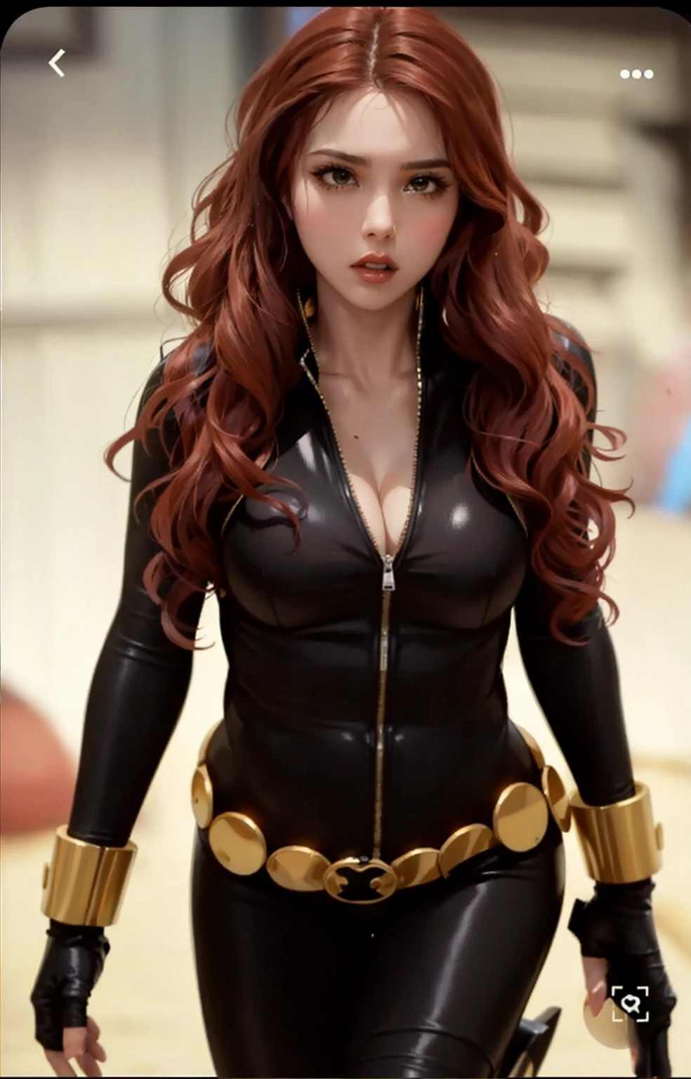 The image shows Black Widow. She is wearing a sleek skin-tight shiny black latex bodysuit with a deep-cut zipper neckline revealing a large chest, the silver zipper running down the front. The suit is complemented by her golden wrist guard on both wrists and a belt made of golden circles around her waist.. The woman holds a gun with a black handle. Her overall demeanor conveys confidence and poise.