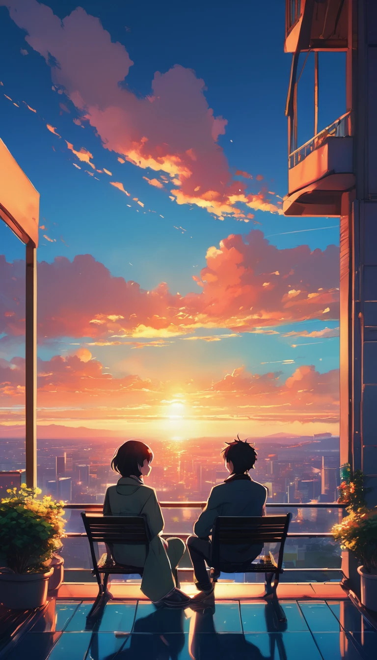 anime couple sitting on a balcony watching the sunset, watching the sun set. anime, lofi artstyle, anime background art, anime style cityscape, beautiful anime scene, lofi art, in style of makoto shinkai, 4 k manga wallpaper, makoto shinkai cyril rolando, hd anime cityscape, ilya kuvshinov landscape, 4k anime wallpaper