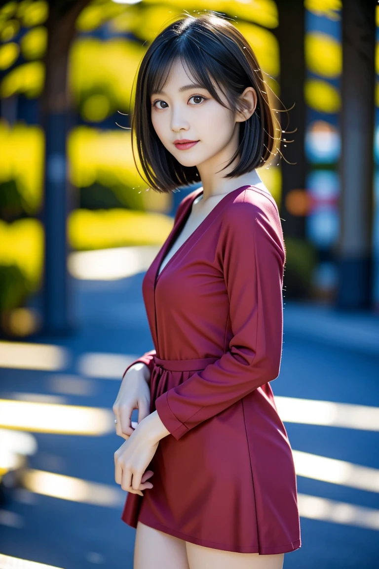 beautiful 20 year old Japanese girl with black hair, short red dress, full body shot,ltaken with Sony Alpha a9 II and Sony FE 200-600mm f/5.6-6.3 G OSS lens, natural light, hyper-realistic photo, ultra detailed, wide shot. --s 750 --style raw
