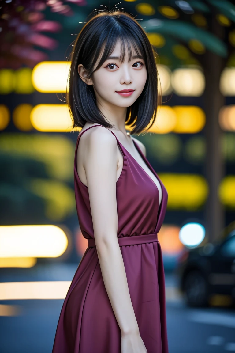 beautiful 20 year old Japanese girl with black hair, short red dress, full body shot,ltaken with Sony Alpha a9 II and Sony FE 200-600mm f/5.6-6.3 G OSS lens, natural light, hyper-realistic photo, ultra detailed, wide shot. --s 750 --style raw