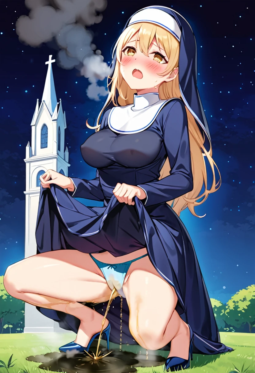 NSFW, (masterpiece, top quality, best quality, highly detailed:1.6), extremely detailed CG unity 8k wallpaper, (woman, outdoor, blue nun, long skirt, In front of the church:2.5), (at midnight:2.5), (sexy adult panties, side tie panties:2.5), (crotch,half-taken off sexy panties:1.5), (Peeing with panties on, Pee stains spreading on panties, pee running down legs:2), (Peeing with panty on:1.5), Pee excreted with force, Urine that is discharged from the urethra in a parabolic arc, strong facial expression, (at midnight:2.5), (ecstasy:2.2), (slut:1.2), (vulgarity:1.3), (fucked silly:1.1), (tears:0.7), (drooling:1.1), (sharp eye:1.2), (scowl:1.1), (embarrassed,blush:1.8), (steam:3), (Wet:1.1), (sweat:1.1), (trembling:1.3), (open mouth:1.4), (open eyes:2), (looking up, 空を見つめる:2.5), (empty eyes:2), (feeling weak:1.5), (bravery crying, sobbing:1.5), (shoot from front:1.5), (squatting, skirt lift, clutching skirt:2), (glasses:1.5), (very long hair, Extra long hair, blonde hair:1.7), (woman trembling with sexual climax:1.5), colorful, full body, wide shot, perfect composition, (panty, panties), urination, incontinence, piss, peeing self, (((pee stream))), (pee puddle), Wetting herself, pee stain, large breasts, Yellow pee, ((leaking pee)), puddle of pee, Pee at your feet, Pee spread on the floor, Pee stains, Dripping pee between my legs, Feet Wet from pee, Pee-covered feet, Pee at your feet, want to pee, about to pee, Full bladder, Pee-soaked skirt, natural makeup, A pair of partially removed panties is hanging around one of her ankles,