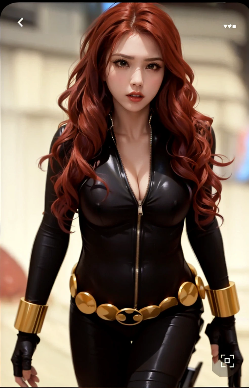 The image shows Black Widow. She is wearing a sleek skin-tight shiny black latex bodysuit with a deep-cut zipper neckline revealing a large chest, the silver zipper running down the front. The suit is complemented by her golden wrist guard on both wrists and a belt made of golden circles around her waist.. The woman holds a gun with a black handle. Her overall demeanor conveys confidence and poise.