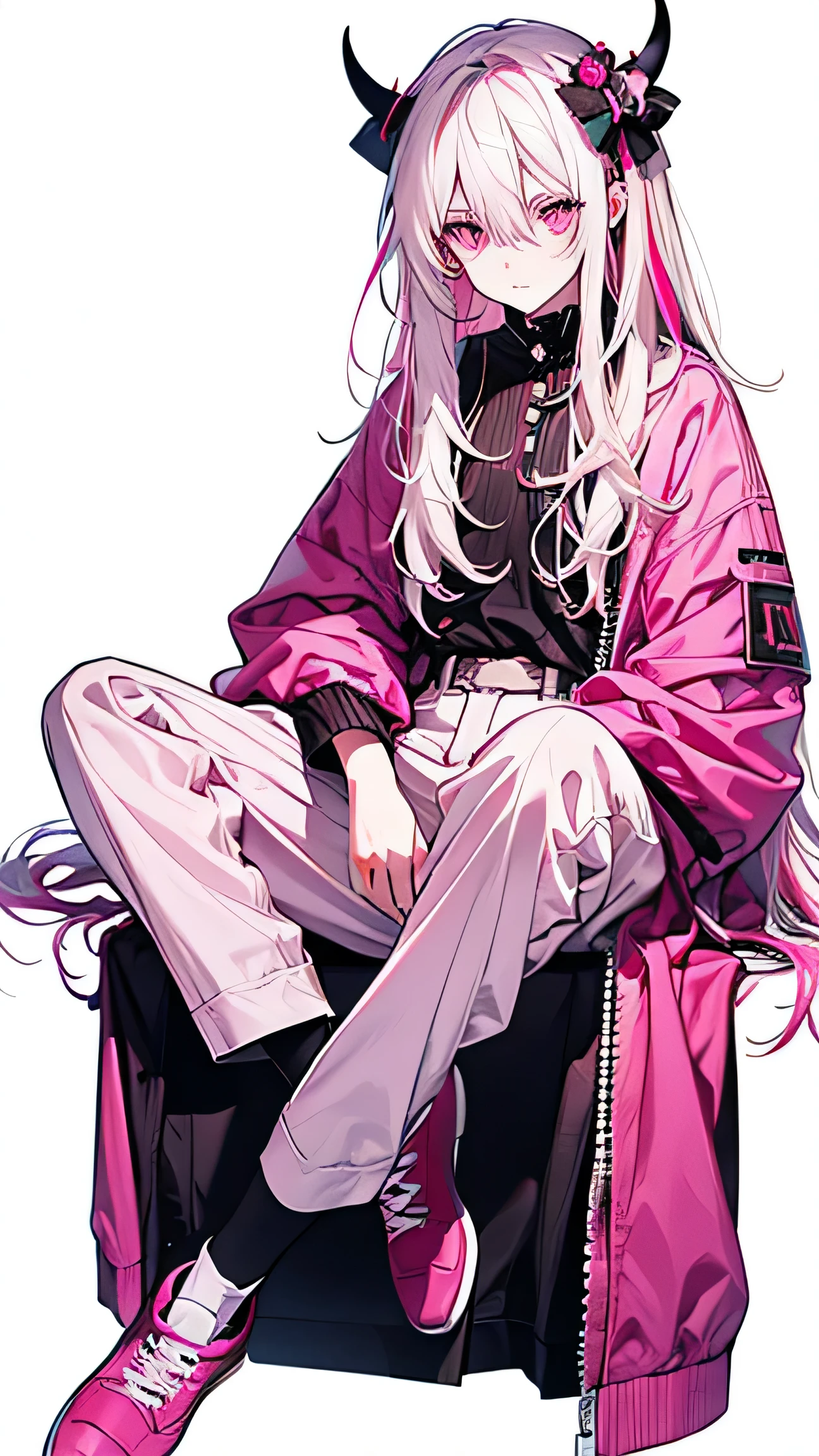 1boy, solo, looking at viewer, closed mouth, eyes visible through hair, formal, full body, hair between eyes, jacket, long hair, long sleeves, looking down, multicolored hair, pants, pink eyes, pink footwear, pink hair, pink horns, pink jacket, pink pants, pink theme, ribbed socks, sash, shoes, simple background, sitting, socks, streaked hair, suit, transparent background, very long hair, white hair, white socks, socks, two-tone hair, v-shaped eyebrows, white background, white socks