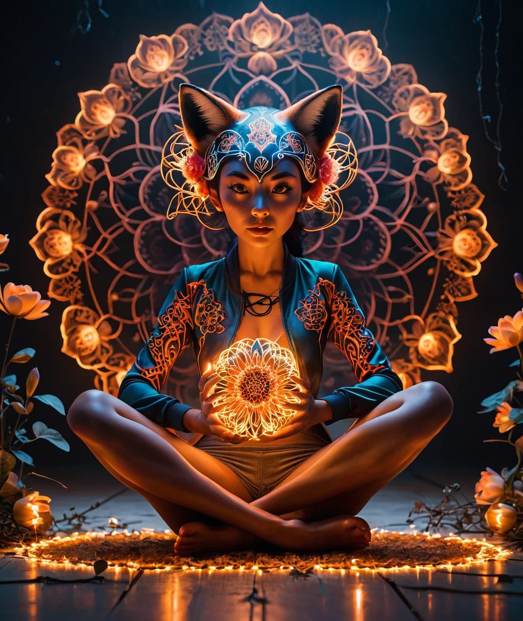 Lotus pose girl full body photography，Anatomically correct,Raw, Filming, (Be focused:1.5), (Reality:1.4), Dusk lighting, Volumetric Lighting, Ultra-high resolution, 16K,Dramatic Lighting, White background：1.5）（tangled，Mandala，dispute，Entanglement：0.7）Fox Demon，Fox Mask，short jacket, Foxfire Curse, fox family, Transformation, Depth of Field, Dreamy atmosphere, The most beautiful chaos, grace, Brutalist Design Dark Theme, Flower of Death, Flowers of ecstasy，Glowing Line,Glow Example，Tracking Example，flash， Backlight，translucent，Light Particles,XILL，exit