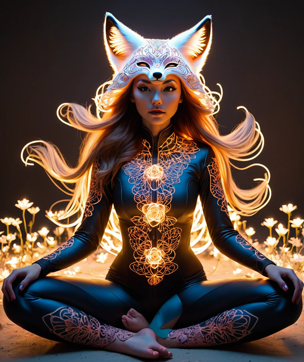 Lotus pose girl full body photography，Anatomically correct,Raw, Filming, (Be focused:1.5), (Reality:1.4), Dusk lighting, Volumetric Lighting, Ultra-high resolution, 16K,Dramatic Lighting, White background：1.5）（tangled，Mandala，dispute，Entanglement：0.7）Fox Demon，Fox Mask，short jacket, Foxfire Curse, fox family, Transformation, Depth of Field, Dreamy atmosphere, The most beautiful chaos, grace, Brutalist Design Dark Theme, Flower of Death, Flowers of ecstasy，Glowing Line,Glow Example，Tracking Example，flash， Backlight，translucent，Light Particles,XILL，exit