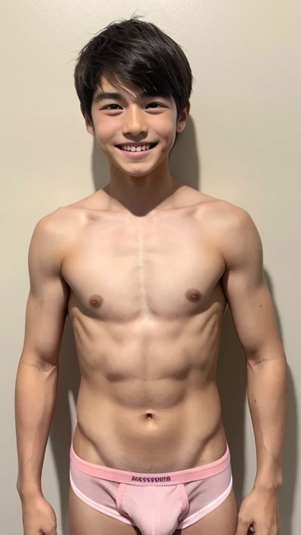Japanese men、、Muscles and smooth skin、Very short black hair、A relaxed and friendly smile、Light pink boxer briefs、The whole body is well visible、