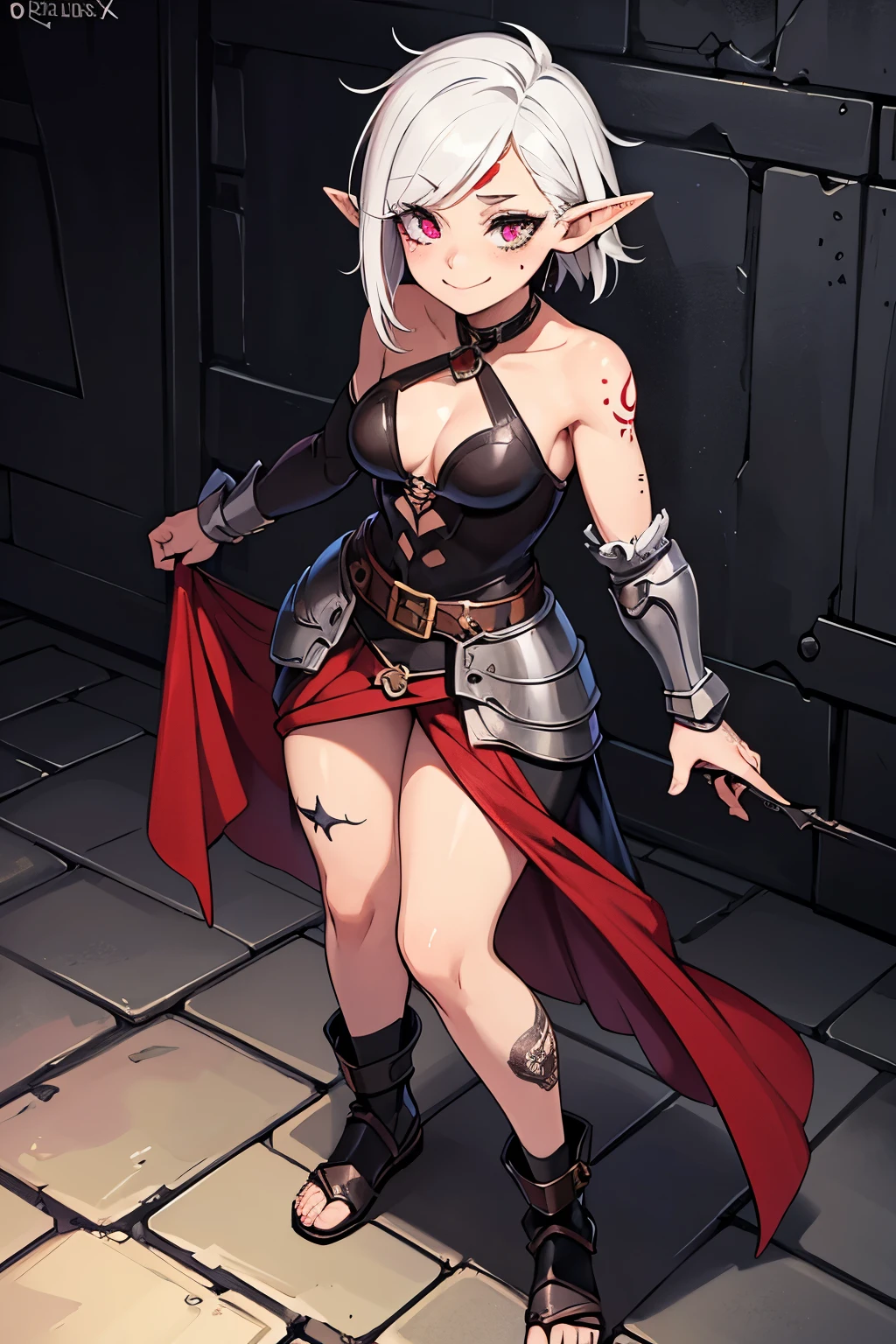 ultra detailed, anime girl, full-body portrait, leather armor, half-elf, raven black fauxhawk hairstyle with shaved sides, heavily freckled face, nose ring, dark red eyeshadow, single slashing scar across left cheek, opal colored eyes, coy smile, faded black and white neck tattoo of a beholder from dungeons & dragons