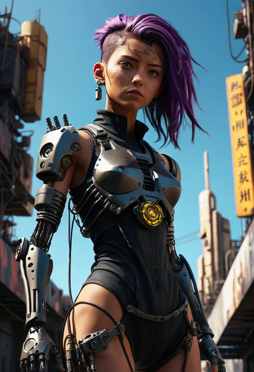 (low angle shot:1.5), (full body shot:1.2), cyberpunk style, 1girl, cybernatic body, semi-human,mechanical arm, full body cyberwear, wastelands, cinematic Hollywood film, highly detailed, masterpiece, octane render, 8k, photorealistic, 