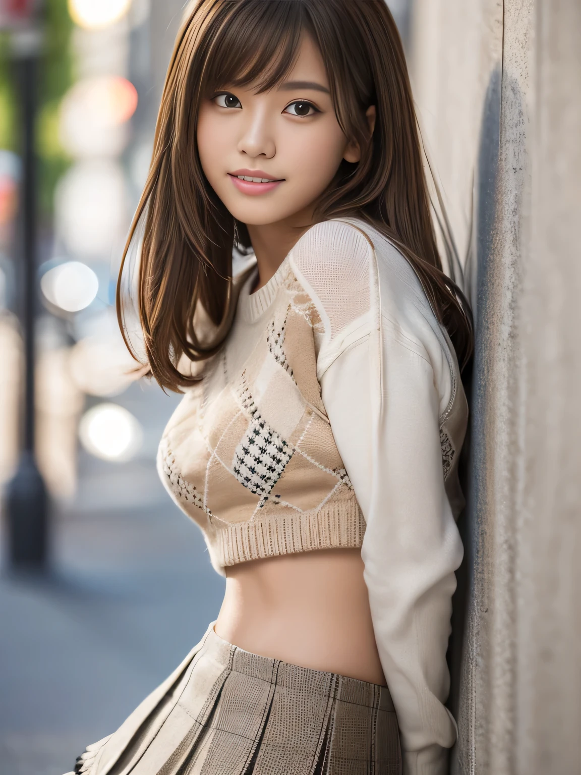 masterpiece, best quality, ultra-detailed, hyperdetailed, realistic, sharp features, highly detailed, sharp focus, Realistic, Photorealistic:1.3, (19 years old:1.3), perfect face, perfect symmetrically eyes, perfect lips, (no makeup), hyper detailed, hyper realistic, high resolution, Fashion Model, Japanese Idol, Slender, brown hair, Stylish, Beautiful Face, light brown hair, messy hair, diagonal bangs, (seductive smile), (looking at viewer), cinematic lighting, blurred background, (Argyle knit:1.2), ((Pleated miniskirt, black high socks)), (leaning on wall),