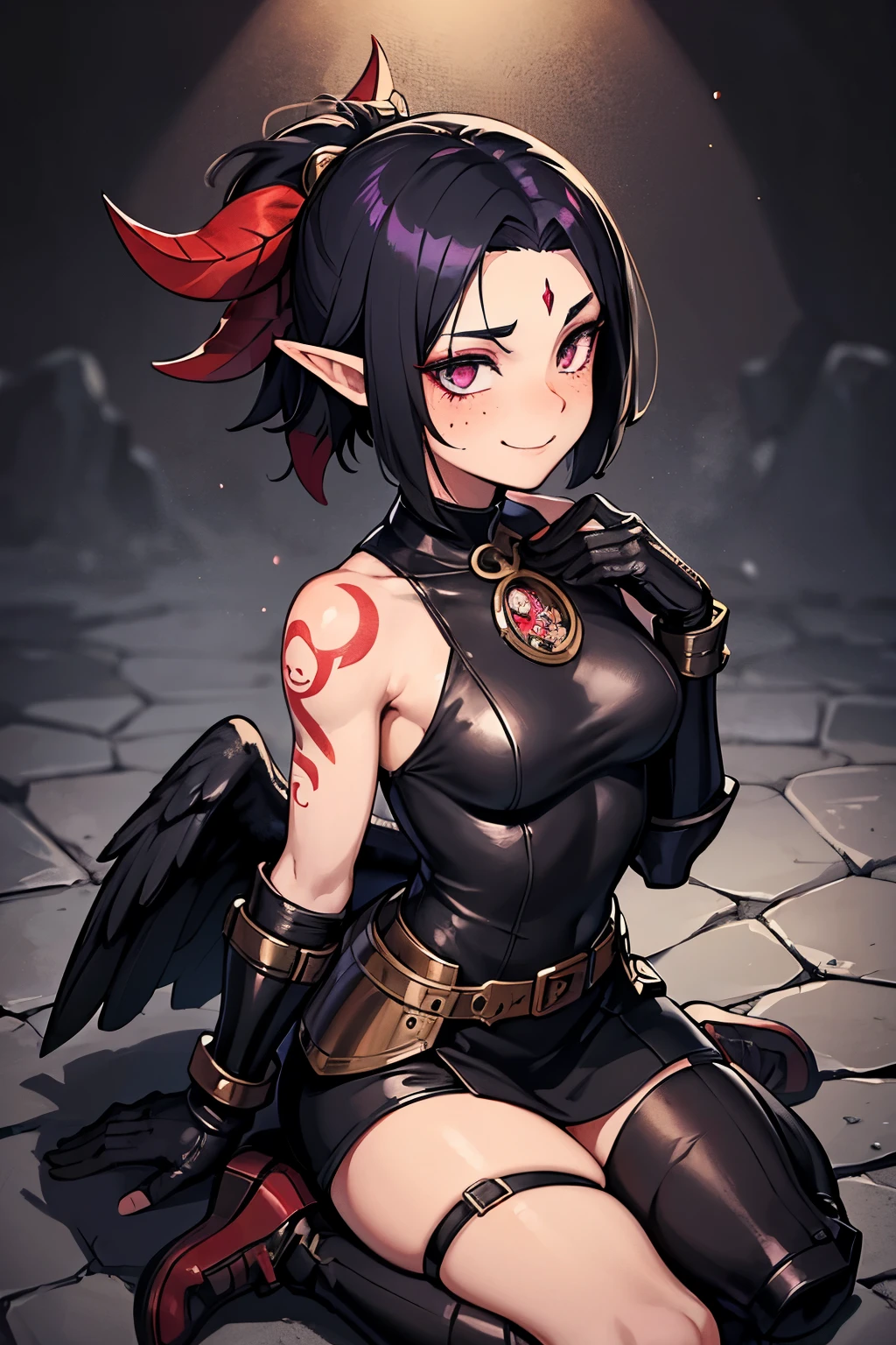 ultra detailed, anime girl, full-body portrait, leather armor, half-elf, raven black fauxhawk hairstyle with shaved sides, heavily freckled face, nose ring, dark red eyeshadow, single slashing scar across left cheek, opal colored eyes, coy smile, faded black and white neck tattoo of a beholder from dungeons & dragons