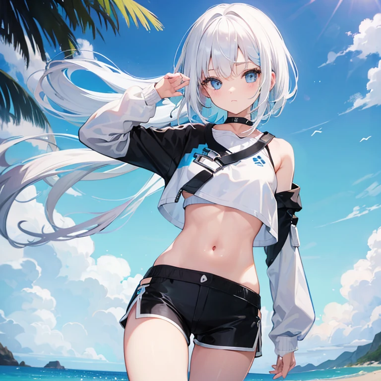 One girl, White hair with blue tips, light blue eyes, small, young, beach, White revealing crop top, Short black shorts, Thigh highes