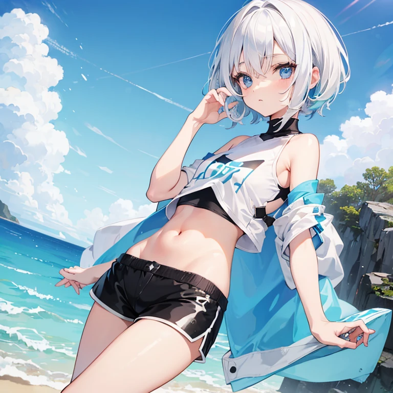 One girl, White hair with blue tips, light blue eyes, small, young, beach, White revealing crop top,  Short black shorts, Thigh highes 