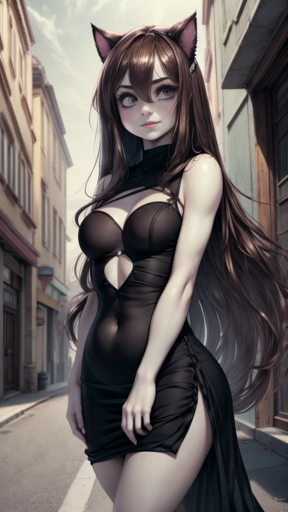 ariawm, accurate snub nose, (very long strand of hair between eyes:1.3), solo, shy smile, very long disheveled brown hair with a dark purple tint, Young girl, perfect brown eyes, expressive eyes, looking at viewer, 8k wallpaper, perfect lighting, masterpiece, (Beautiful small Breasts:1.2), (slender girl), bangs between the eyes, (on the street in small town:1.3), summer day, parororo, realism, dark fantasy style, John Tolkien style, Soft facial features, wearing a headband with cat ears, Rocker Girl, plump dark pink lips, Engriberts eyebrows, dark brown eyes, looking at away, in a short dark silk fitted dress with a large cutout on the chest