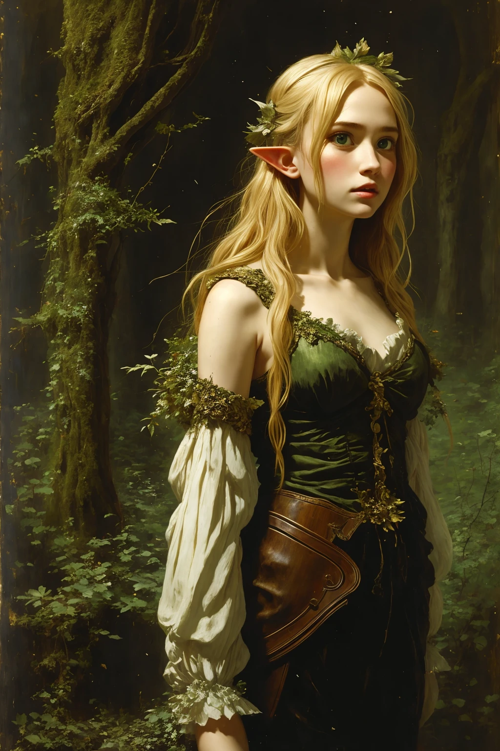 One young cute woman elf, blonde hair, green torn clothes, nature, green theme, forest overgrown, medieval, (best quality, high resolution, extreme detail, outstanding composition, masterpiece:1.4), (oil painting:1.2), (in style of Nicola Samori:1.5)
