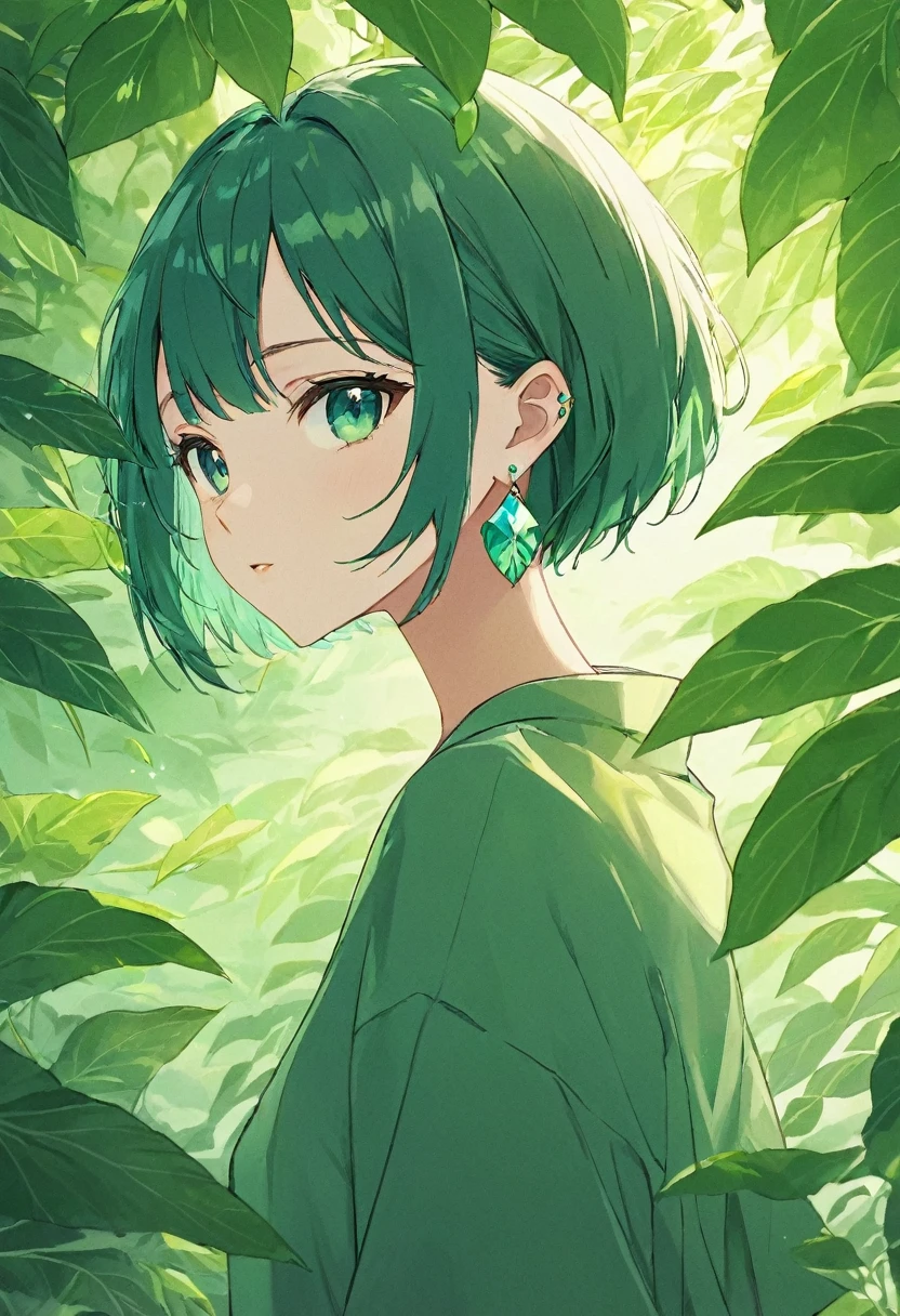 Short Hair Anime Girl and earrings standing in front of a leaf, Clean and detailed anime style, Anime Aesthetics, Turquoise hair anime girl, Anime atmosphere, Flat anime shading, Flowing dark green hair, Soft anime illustration, detailed manga style, Subtle anime style, Anime-style illustrations, Manga art style, Hime cut, Anime Aesthetics, Short Hair Anime Girl、　Lo-Fi、　lo-fi,