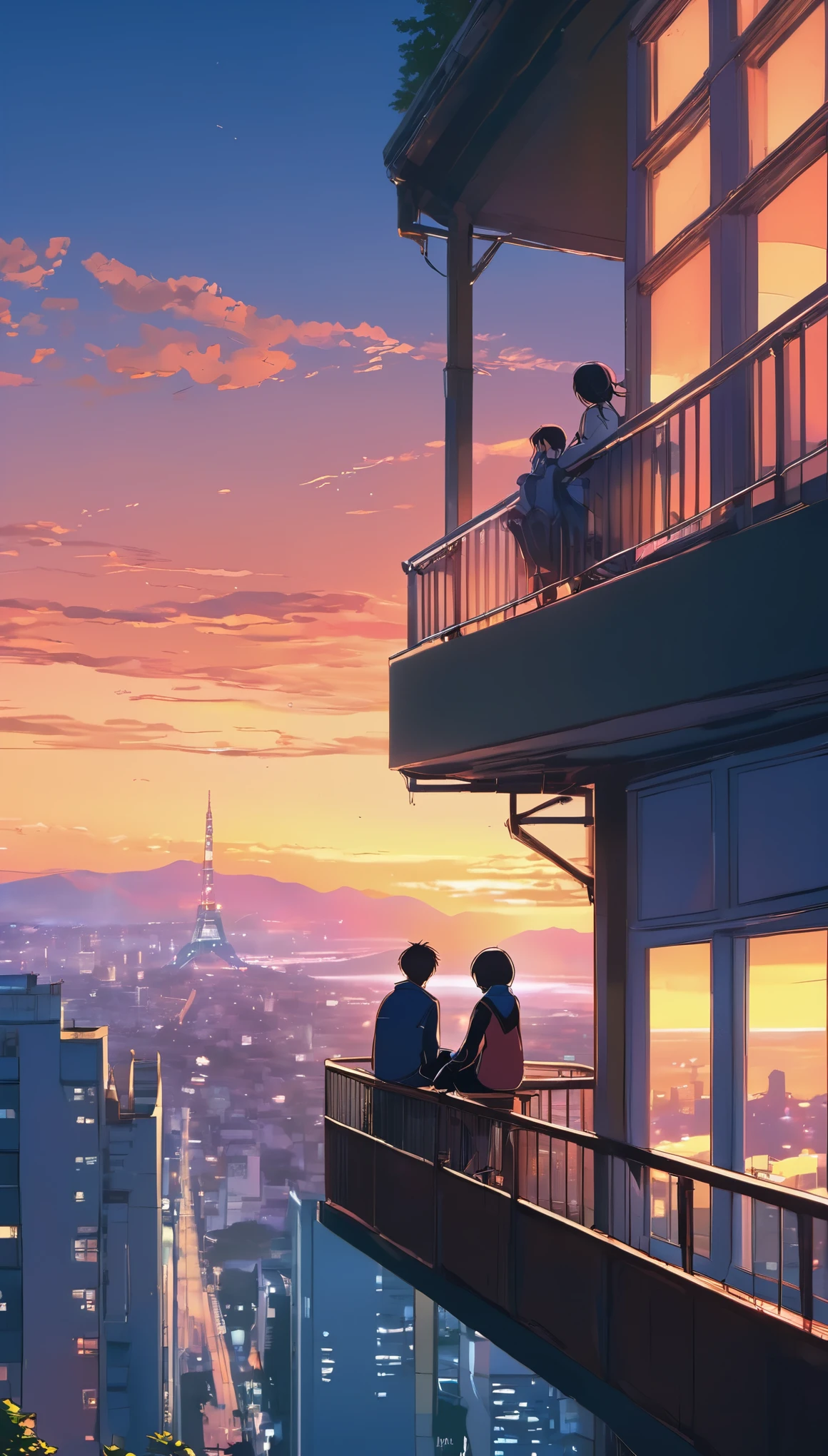 anime couple sitting on a balcony watching the sunset, watching the sun set. anime, lofi artstyle, anime background art, anime style cityscape, beautiful anime scene, lofi art, in style of makoto shinkai, 4 k manga wallpaper, makoto shinkai cyril rolando, hd anime cityscape, ilya kuvshinov landscape, 4k anime wallpaper