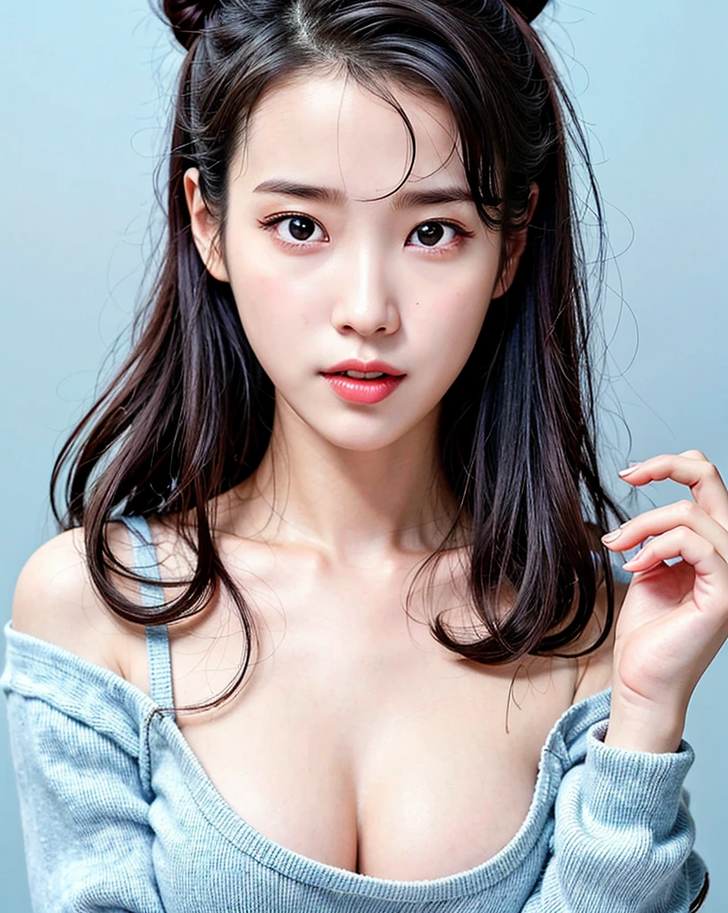 RAW, sharp focus, delicate, beautiful composition, best quality, (realistic), high quality, ultra detailed, (Real picture), (realistic skin), (intricate details), (latex skin:0.4), (detailed skin:1.3), (perfect glossy shiny skins:0.6), (beautiful eyes), round eyes, pretty face, Blushing face, glossy lips, high nose bridge, [:(detailed face:1.2):0.2], shiny eyes, (PureErosFace_V1:0.1), (ulzzang-6500:0.1), (a beautiful 20 age years old cute Korean girl:1.3), instagram, (kpop idol, korean mixed), a face of perfect proportion, (high nose:0.7), realistic humid skin, red lips, Crimson (UA), (happy face:1.2), 8k uhd, dslr, high quality, film grain, photorealistic, (studio), (portrait from waist up:1.2), (pale blue simple background:1.5),(shut lips:1.3),(iu1:1.1), (hair in a bun:1.3), (big tits:1.12), (tight black sleeveless knit sweater:1.2)