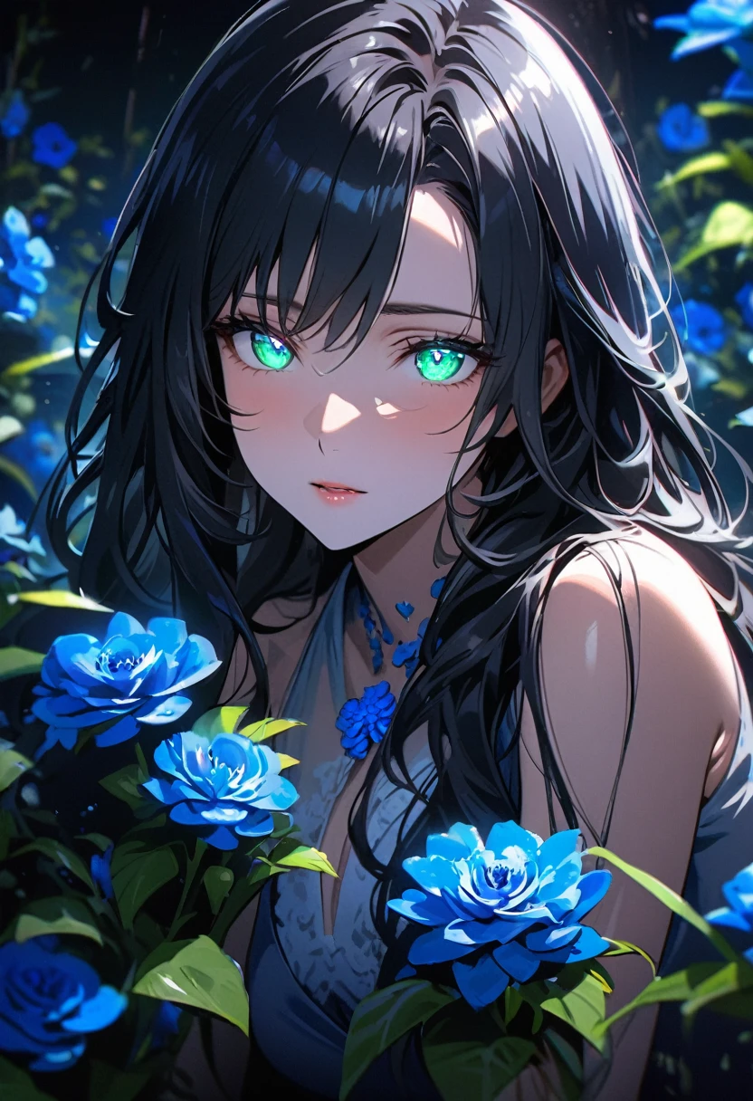 Female, long hair, black hair, green eyes, blue aura, mature, adult, blue flower, The romantic scenery, glowing eyes, blue flower, Flower lapis, pure, macro picture, beautiful eyes,  main face, front face. cute