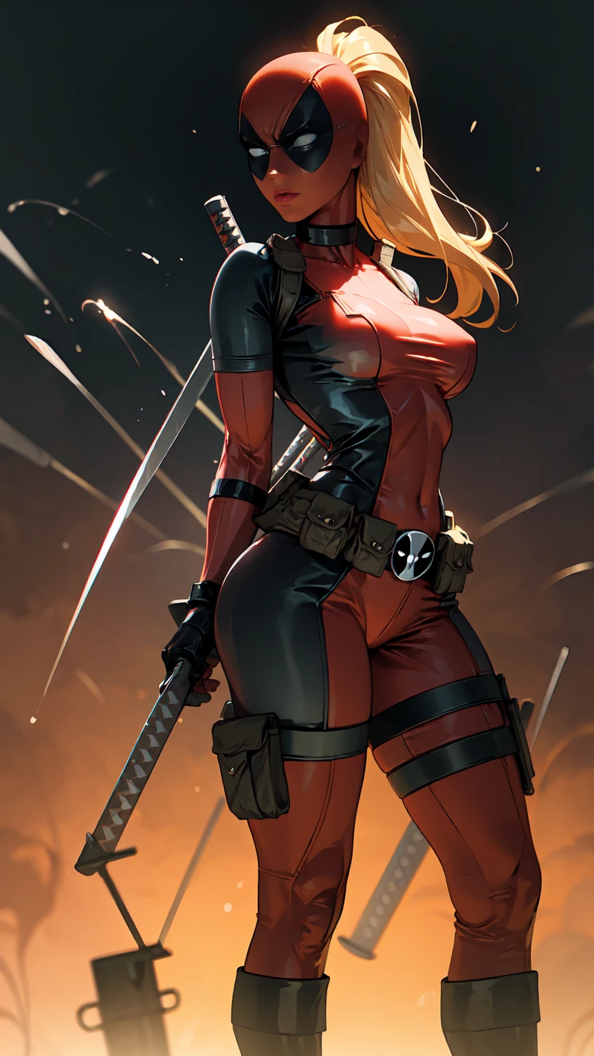 work of art, best qualityer, high resolution, Contrappost, May_senora_dead Pool_ownwaifu,
1 girl, mascara do Deadpool, hair blonde, hypdertailed, long hair, breasts big, no pupils, 
May, firm skin, Super hero, belt pouch, utility belt, Red May, mitts, weapon on back, Thigh bag, thigh strap, thigh holster, belt buckle, high collar, 
light particles, Depth of field, Scenario, natta, aerial fireworks, standing alone, cowboy shot, looking ahead at viewer.