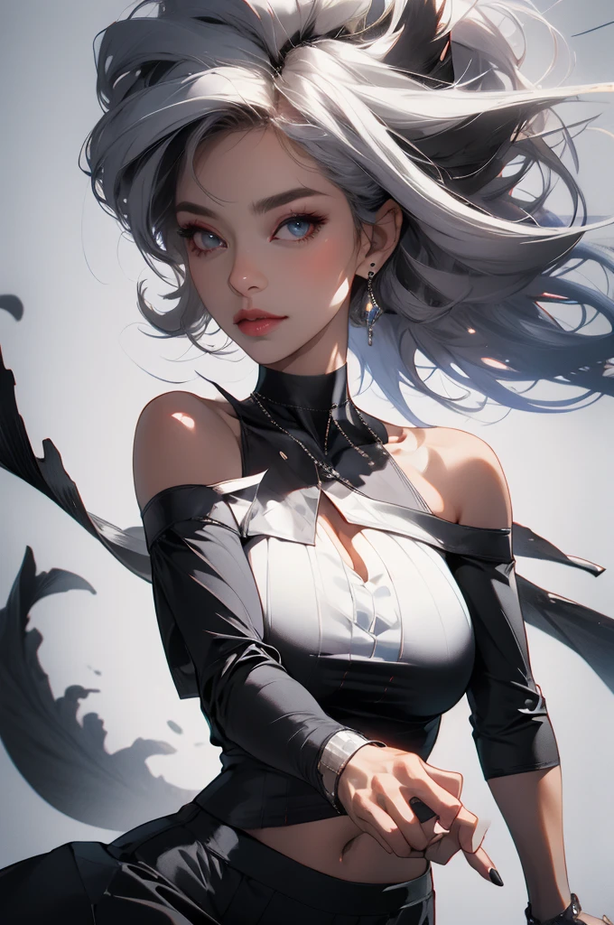 best quality, ultra high res, (photorealistic:1.4), 1girl, off-shoulder white shirt, black tight skirt, black choker, (faded ash gray hair:1), (huge breasts:1.2), looking at viewer, closeup ,