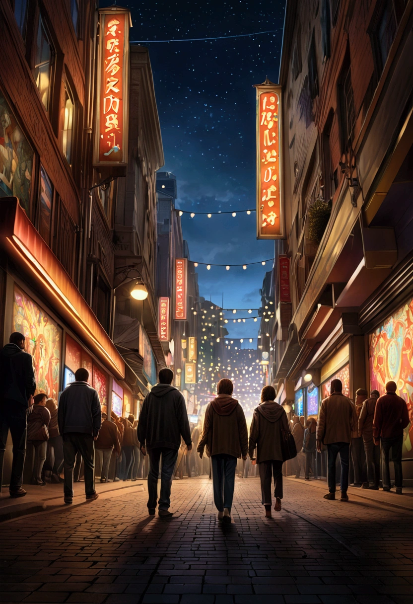 (Low Angle Shot:1.2), On a bustling pedestrian street, neon lights twinkle with colorful lights. The low angle lens captures the lower edge of the billboard and lightbox, and the light and shadow projected by these lights interweave into a modern urban picture. The toes of the crowd quickly moved above the screen, as if dancing notes. In the distance, the halo of one or two street lamps spread out in the night sky, adding a touch of dreamy atmosphere, captivating chiaroscuro, dynamic movement, full body, award-winning, cinematic still, emotional, vignette, dynamic, vivid, (masterpiece, best quality, photorealistic, Professional, perfect composition, very aesthetic, absurdres, ultra-detailed, intricate details:1.3)