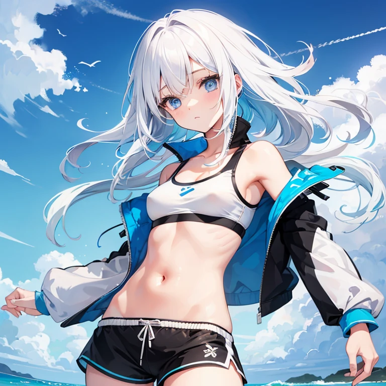 One girl, White hair with blue tips, light blue eyes, small, young, beach, White sport bra, Short black shorts, Thigh highes