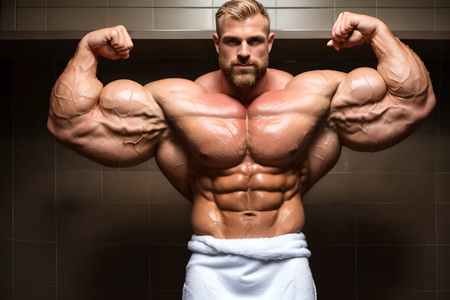 Handsmome white man, 30 years old, dark blonde hair color, hairy body, bodybuilder, barechested, (white towel around his waist), (front view:1.2), still pose, short beard, serious face, wet hair, wet body, soaked, well-framed, hunky, lean and ripped, rippling chest, flexing arms, (anatomical correct arms:1.4)