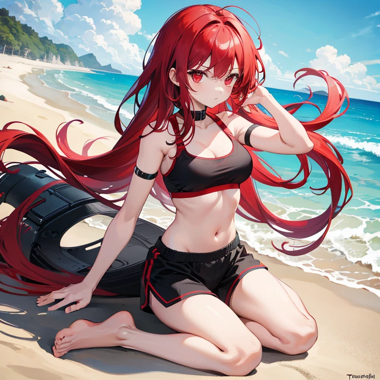 One girl, red hair, red eyes, high , Busty, human, full body, Beach, white sport bra, short black shorts, Thogh highes
