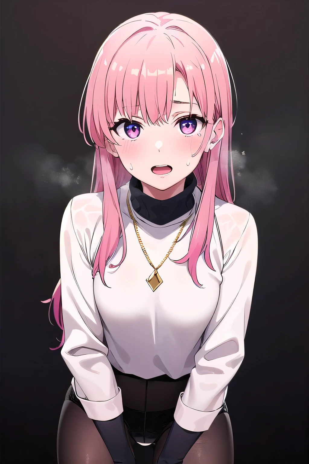 (8K, top-quality, masterpiece:1.2), (reallistic, Photorealsitic:1.37), Super Detail, One girl,), (Highly detailed), (beautifully detailed eyes), (of the highest quality), (super detailed ), (masterpiece), (Detailed face),20yr old, ,1 girl, ((pink hair,long hair)), medium breasts, clothed, Perfect Lighting, BREAK (black glossy tight turtleneck underwear :1.3), (glossy underwear:1.4), long sleeves, (soft fabric:1.1), (smooth texture:1.1), (black very glossy tights:1.3), (thick opaque:1.1), (simple and chic:1.1), (all black cloth:1.5), (gold chain necklace:1.1), (small diamond studs:1.1), BRAKE, (upper body to thighs:1.1), (pink long hair:1.2), (smiling:1.1), (hands on collar:1.1), (one foot forward:1.1), (white background:1.1), (bright lighting:1.1), BRAKE (sweat:1.5), (steam:1.2), (masturbation:1.2), (girl trembling with sexual climax:1.1), (looking at viewer:1.3), (open mouth:1.2)