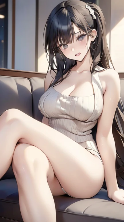 (Highest quality)), ((masterpiece)), (detailed), (((Women who want to cum，Ahegao 1.9)))Perfect Anatomy，((Full body shot 1.5))、(((Legs apart 1.9，Woman sitting on sofa with legs wide open 1.9，)))One Woman in Ecstasy，28歳のBeautiful woman，Married Woman，Very sexy，(((Big Breasts，1. Wearing a tube top and sleeveless knit sweater.8，One piece sweater，No bra)))，Small nipples，A sweater that makes your chest look bigger，Emphasize cleavage，
Beautiful woman，Beautiful Face，Big eyes，Beautiful Eyes，Well-formed double eyelids，Beautiful teeth alignment，8 head body，Beautiful body lines，Slender body，Beautiful Hands，Beautiful legs，Long hands，Long legs，Long and flexible hair，Shiny hair，Black hair，Full body shot 1.4，Embarrassed expression，blush，Half-open mouth，from below，Beautiful shoulders，Beautiful collarbone、(((Legs apart 1.9，Woman sitting on sofa with legs wide open 1.9，)))，((White panties 1.8))，garter belt，Crotch is fully visible，(((Ahegao 1.9)))，((Expression of ecstasy 1.8，Climax expression，orgasm，Crying face，Lots of drool from the mouth 1.5，A lot of love juice))，