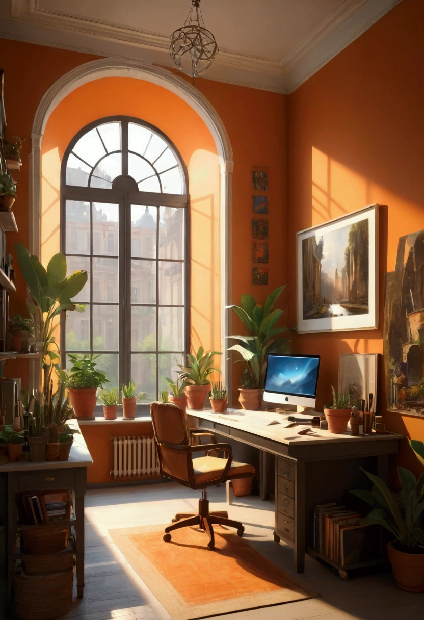 ((Inspired by Hubert Robert)),a designer working in a design studio, highly detailed, intricate background, elegant creative workspace, stylish modern interior, large windows, natural lighting, various art supplies and tools, computer setup, 3d printer, sketches and artworks on the walls, potted plants, warm color scheme, (best quality,4K,8k,highres,masterpiece:1.2),concept art,cinematic lighting,studio lighting