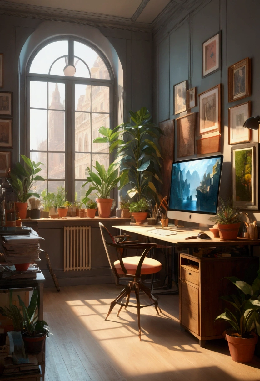 ((Inspired by Hubert Robert)),a designer working in a design studio, highly detailed, intricate background, elegant creative workspace, stylish modern interior, large windows, natural lighting, various art supplies and tools, computer setup, 3d printer, sketches and artworks on the walls, potted plants, warm color scheme, (best quality,4K,8k,highres,masterpiece:1.2),concept art,cinematic lighting,studio lighting