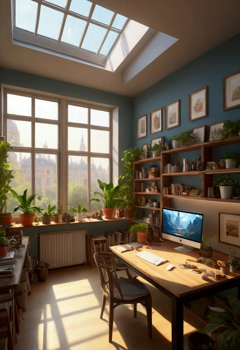 ((Inspired by Hubert Robert)),a designer working in a design studio, highly detailed, intricate background, elegant creative workspace, stylish modern interior, large windows, natural lighting, various art supplies and tools, computer setup, 3d printer, sketches and artworks on the walls, potted plants, warm color scheme, (best quality,4K,8k,highres,masterpiece:1.2),concept art,cinematic lighting,studio lighting