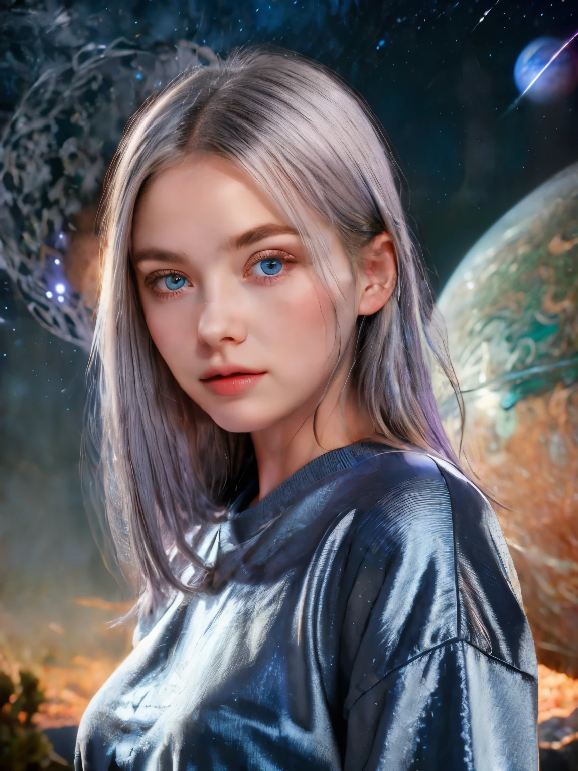 (4K), (best quality), (best details)（surrealistic）,French beautiful girl、silver hair、blue eyes、Jupiter, a giant planet floating in the night sky